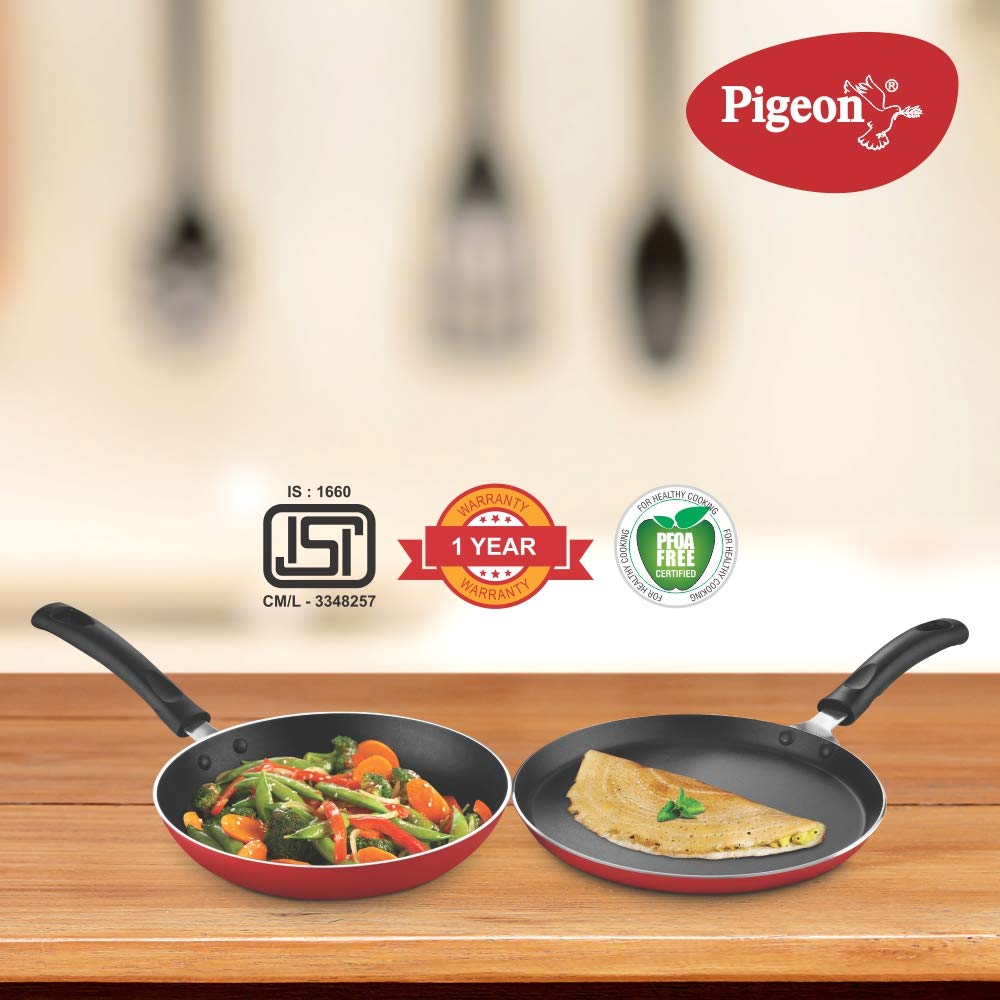 Pigeon Favourite Aluminium Duo Pack 250 Tawa, Fry Pan 240 (Red, Medium)