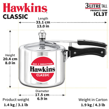 Hawkins 3 Litre Classic Pressure Cooker, Induction Inner Lid Cooker, Tall Design Pan Cooker, Best Cooker, Silver (ICL3T)