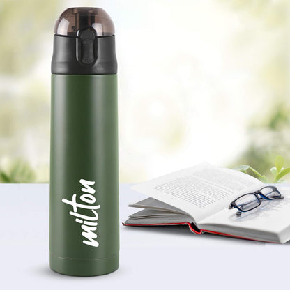Milton New Crown 900 Thermosteel Water Bottle 750 ml with One Touch Safety Lock, 24 Hours Hot and Cold, Leak Proof Lid, ISI Certified I Vacuum Insulated I for Office, Gym, School I Green