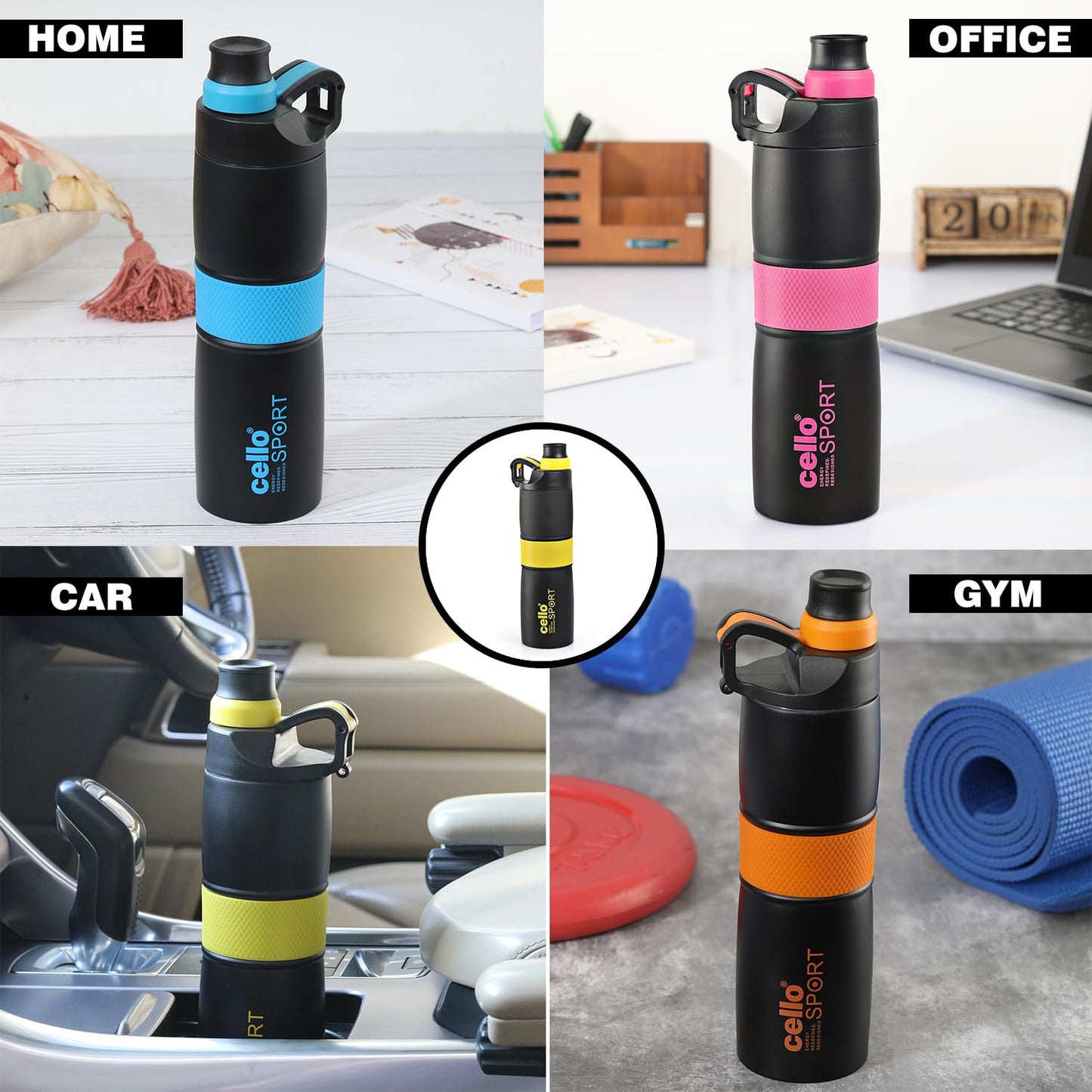 Cello Force Vacuum Insulated Flask | Hot and Cold Water Bottle with Anti-Slip Grip | Double Walled Sports Bottle for Travel, Home, Office, School | 700ml, Yellow