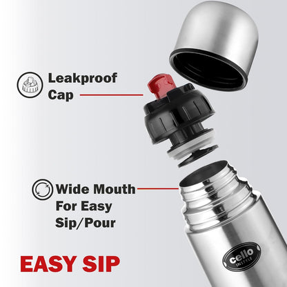 Cello Flipstyle Thermosteel Water Bottle with Jacket 500ml, Silver | 24 Hours Hot and Cold | Double Walled | Vacuum Insulated Flip Lid Flask Bottle | Perfect for Water, Tea, Coffee & Cold Beverages