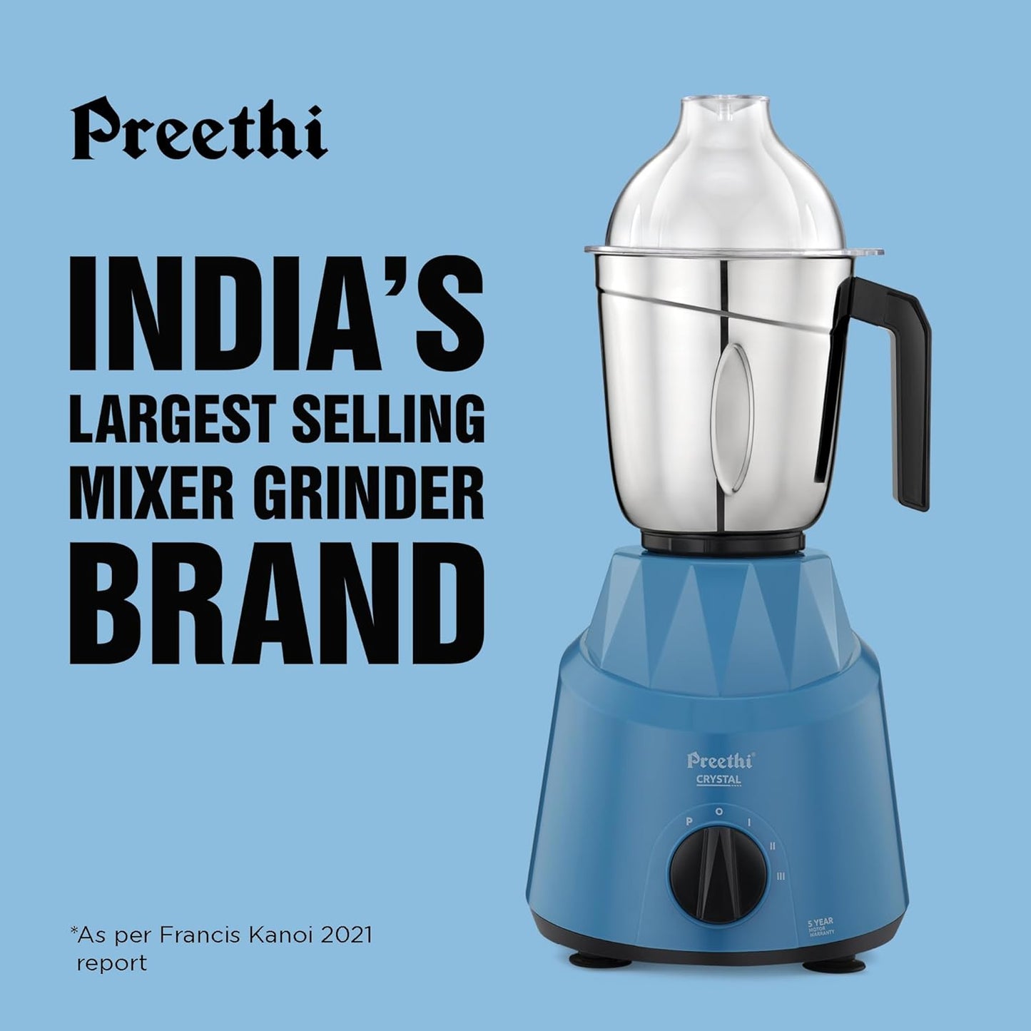Preethi Plastic Crystal Mg224 Mixer Grinder, 500 Watt, Blue, 3 Jars, Vega W5 Motor With 5Yr Warranty