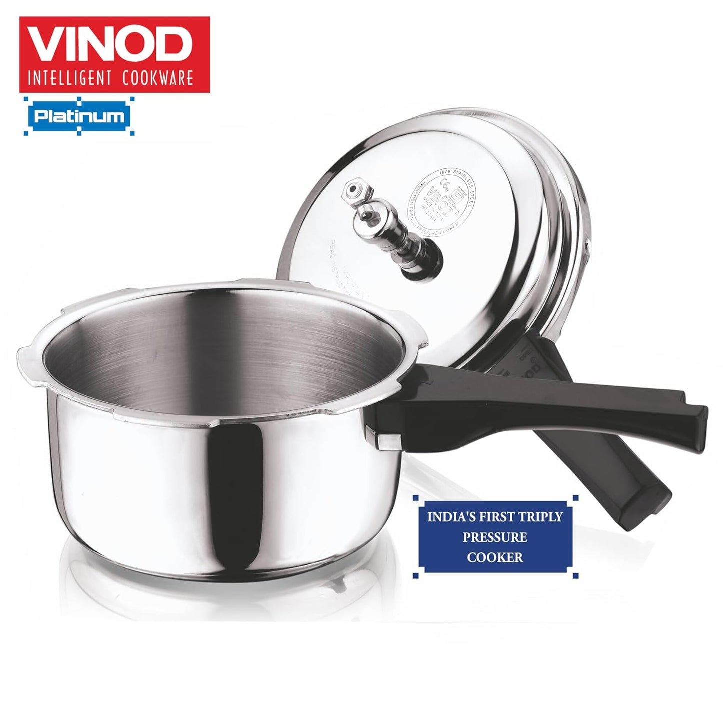 Vinod Platinum Triply Stainless Steel Outer Lid Pressure Cooker 5 Litre | ISI Certified | Induction & Gas Stove Compatible | Silver