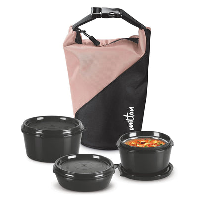 MILTON Micro Meal Lunch Box (3 Microwave Safe Inner Steel Containers,1 x 180 ml, 2 X 320 ml Each) with Insulated Fabric Jacket, Peach