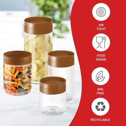 MILTON Stack IT 1000 Airtight Plastic Storage Jar and Container Set Stackable BPA Free, Transparent Containers for Kitchen Grocery Storage, Multipurpose Organizer Jar 890 Ml Each, Set of 2, Brown