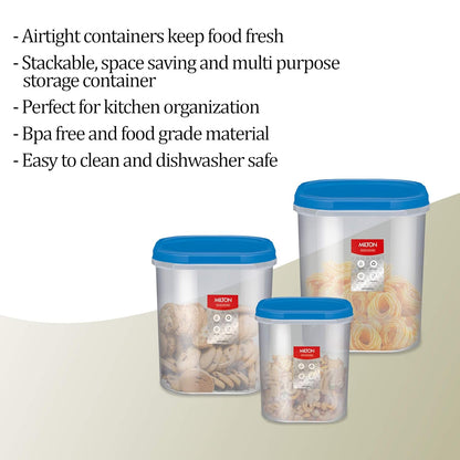 MILTON Quadra Modular Multi-Purpose Plastic Containers with Lid, Set of 3 (8 Litre, 12 Litre, 14.25 Litre) Blue, Kitchen Storage Container Set for Spices, Atta, Grains Organizers, Transparent Dabba