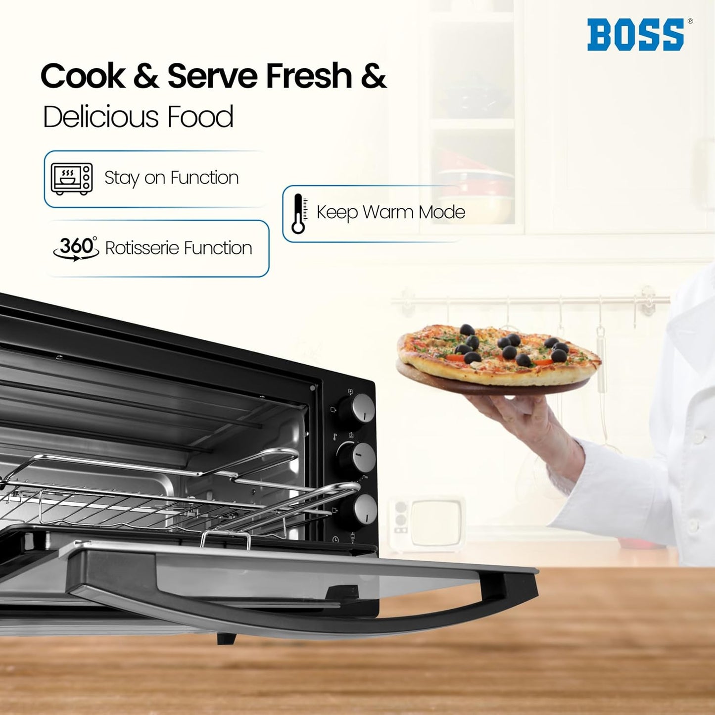BOSS Delish 30 Litres Oven Toaster Griller, Motorised Rotisserie, Convection, Baking, Grilling, Toasting, 1600 Watts, 2 years warranty, Black