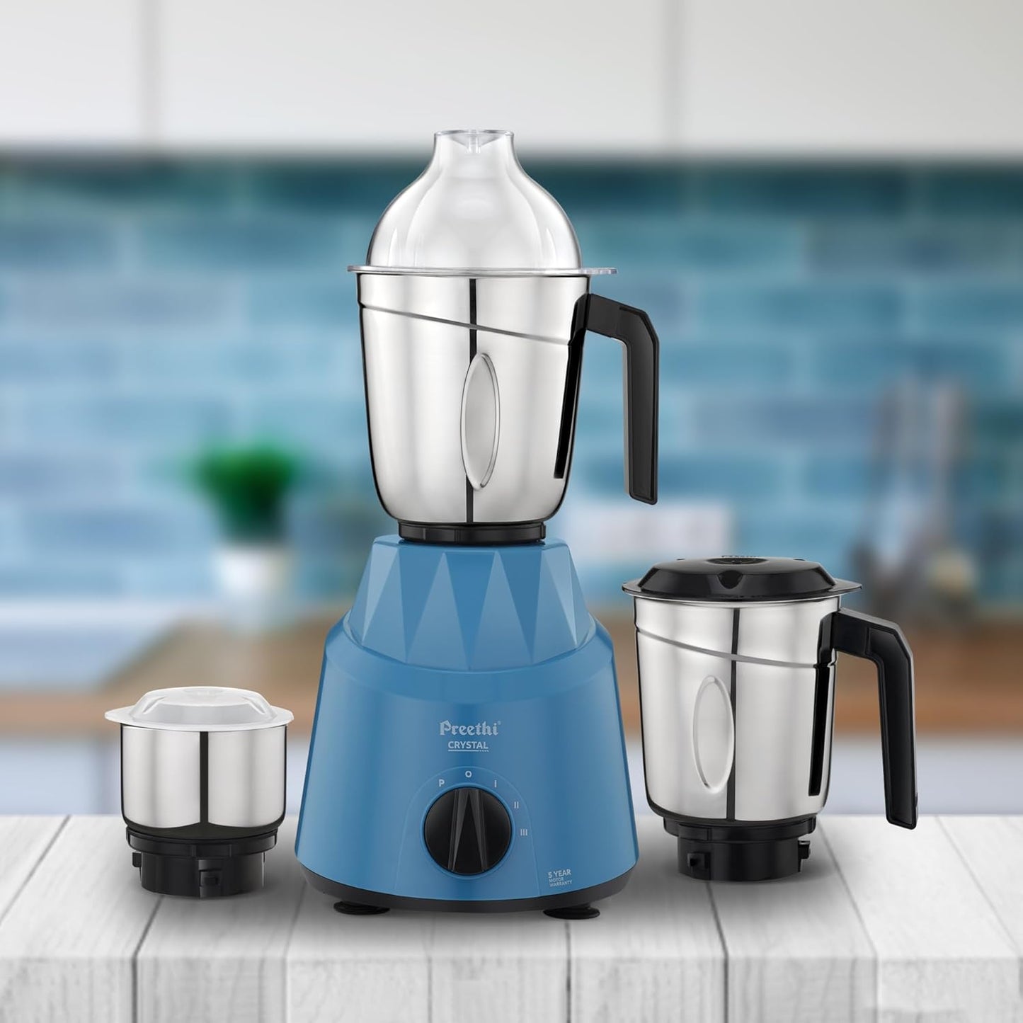 Preethi Plastic Crystal Mg224 Mixer Grinder, 500 Watt, Blue, 3 Jars, Vega W5 Motor With 5Yr Warranty