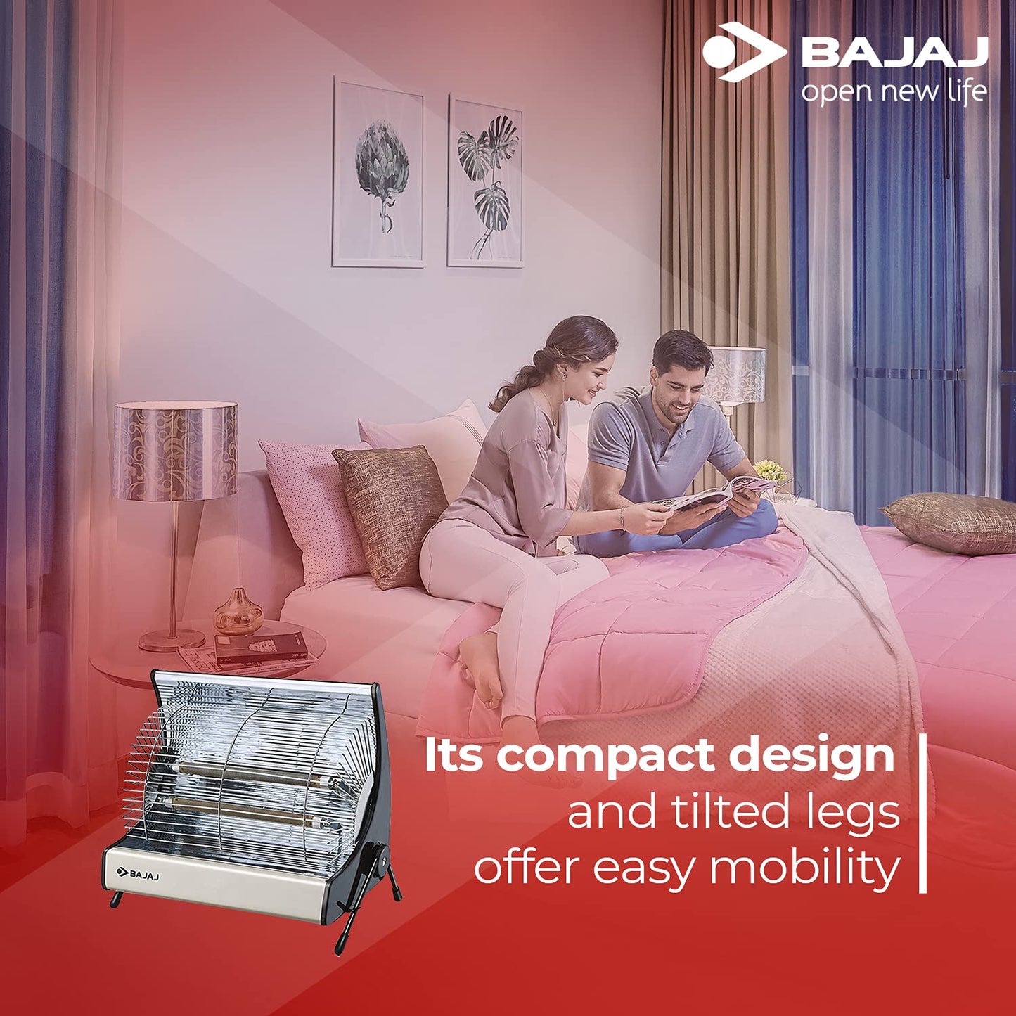 Bajaj Deluxe 2000 Watts Halogen Room Heater | ISI Approved | Adjustable Thermostat | 2 Heat Settings | 2 Yr Warranty