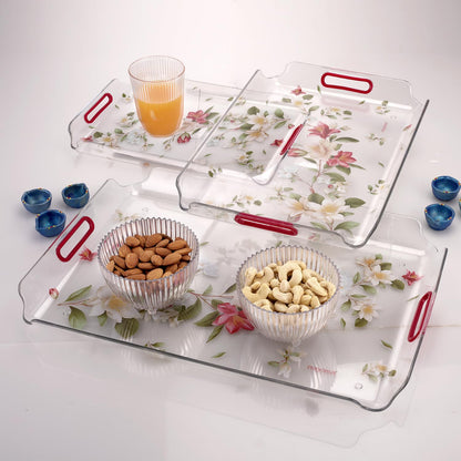 Nayasa Modern Plastic Rectangular Serving Tray Set of 3, Small, Medium & Large | Durable Multipurpose Kitchen Tray for Tea, Coffee, Snacks, Fruits & Desserts | Transparent Red