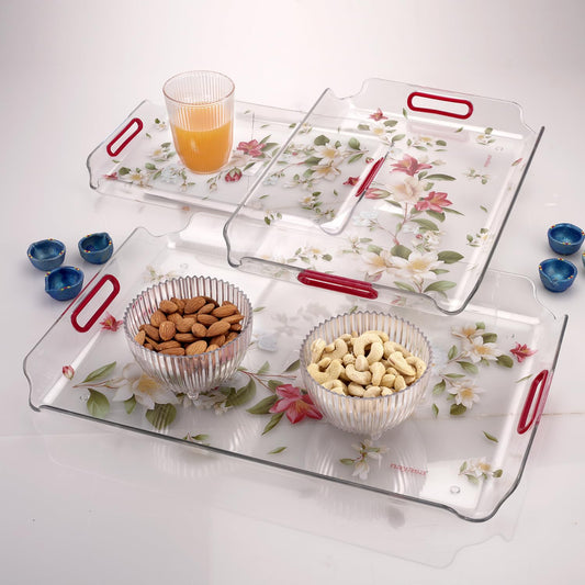 Nayasa Modern Plastic Rectangular Serving Tray Set of 3, Small, Medium & Large | Durable Multipurpose Kitchen Tray for Tea, Coffee, Snacks, Fruits & Desserts | Transparent Red