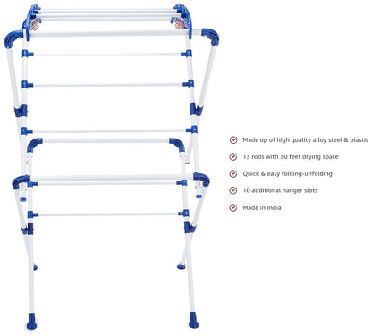 Jenatic Hexa Powder Coated Cloth Stand - Large Cloth Drying Rack (White & Blue)