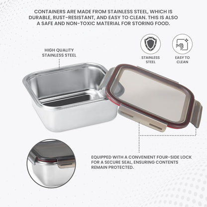 MILTON Modulo Steel Square 850 Container with lock lid|Airtight & Leakproof|Microwave & Oven safe| Light Weight | School, Office or Picnic use, 800 ml, Silver