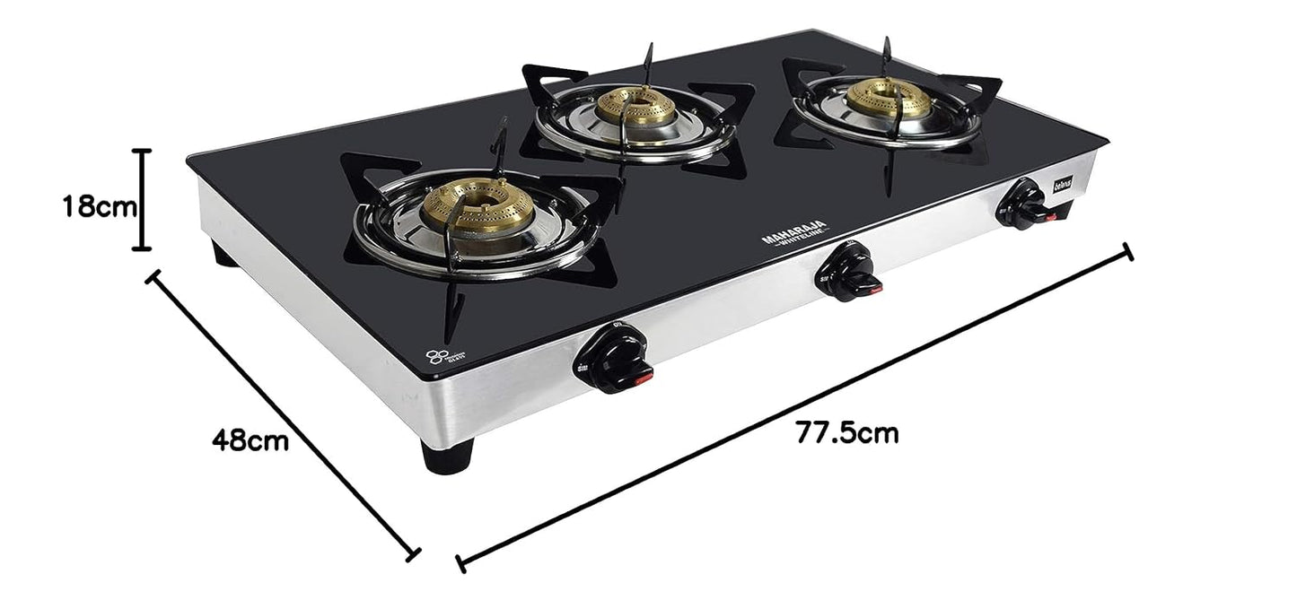 Maharaja Whiteline Belenus Toughened Glass 3 Burner Gas Stove, Black