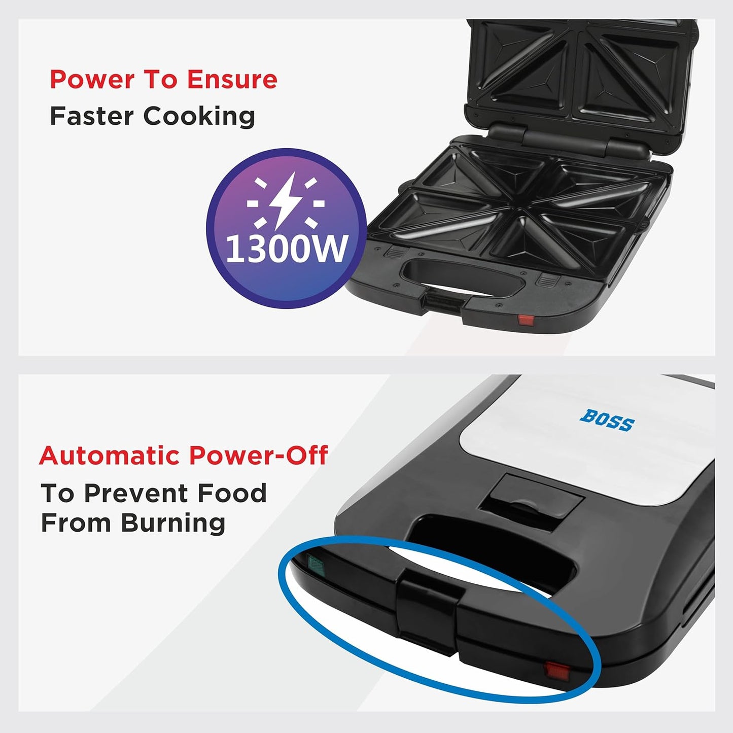 BOSS JumboXL 4 Sandwich Griller Toaster with 2in1 Changeable Plates | 1300-Watt | 4-Slice Grill & Toast Option | Buckle Clips Lock | 2 Yr Warranty | Black