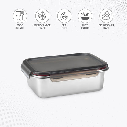 MILTON Modulo Steel Rectangular 650 Container with lock lid|Airtight & Leakproof|Microwave & Oven safe| Light Weight | School, Office or Picnic use, 650 ml, Silver