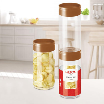 MILTON Stack IT 1000 Airtight Plastic Storage Jar and Container Set Stackable BPA Free, Transparent Containers for Kitchen Grocery Storage, Multipurpose Organizer Jar 890 Ml Each, Set of 2, Brown