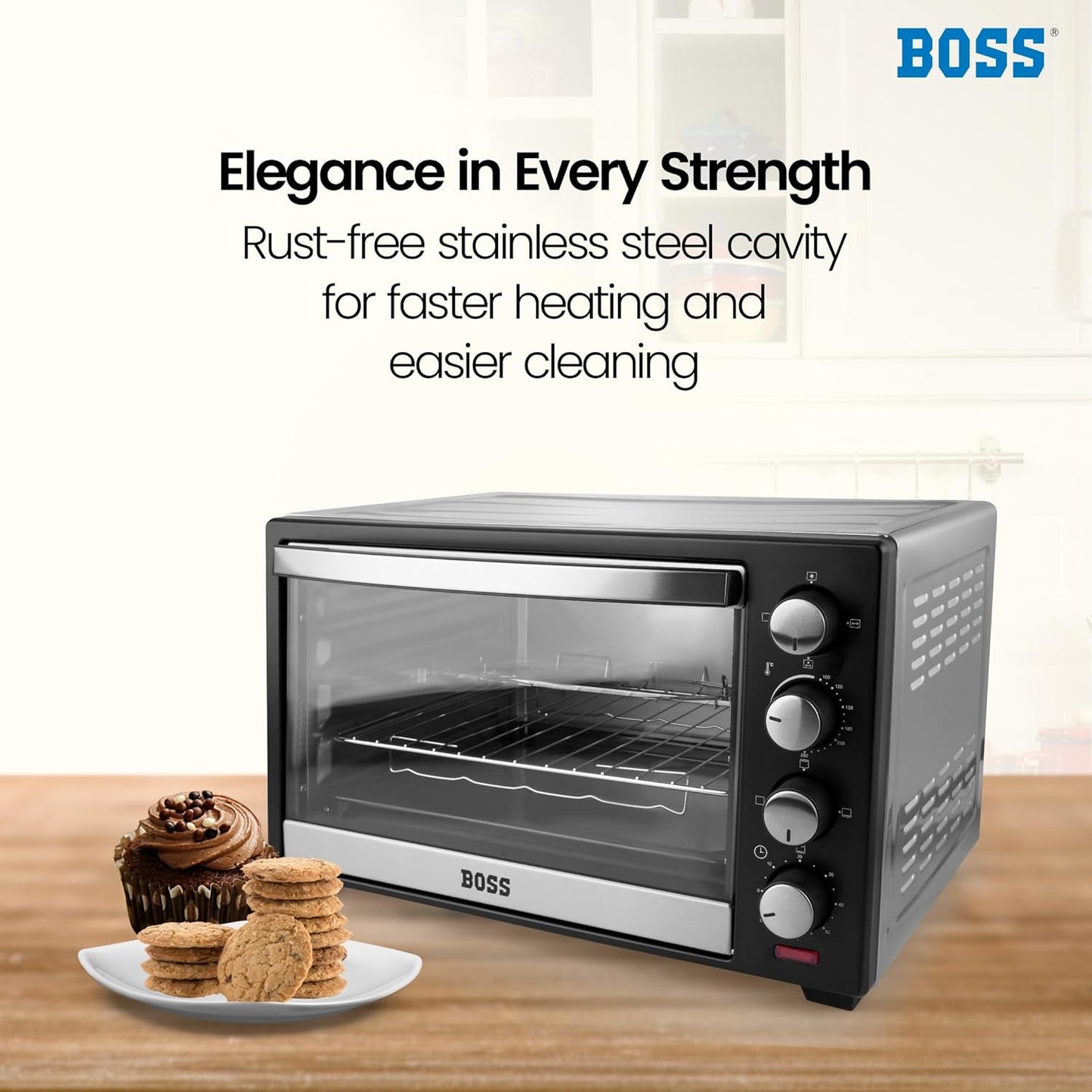 BOSS Delish 30 Litres Oven Toaster Griller, Motorised Rotisserie, Convection, Baking, Grilling, Toasting, 1600 Watts, 2 years warranty, Black