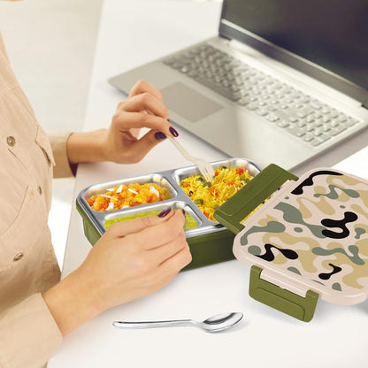 MILTON Fun Feast 3 inner Stainless Steel Tiffin Box, 700 ml, Military Green | 3 compartment Leak Proof Container | PU Insulated | BPA Free | Easy to Carry | Easy to Clean