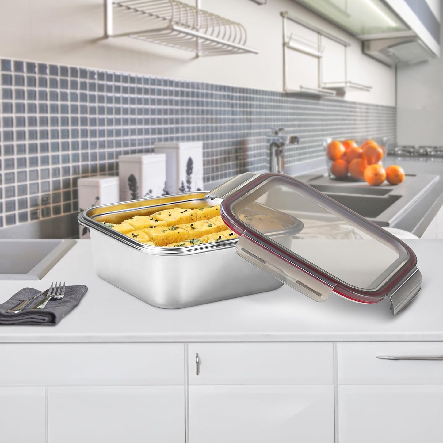 MILTON Modulo Steel Square 2500 Container with lock lid|Airtight & Leakproof|Microwave & Oven safe| Light Weight | School, Office or Picnic use, 2400 ml, Silver