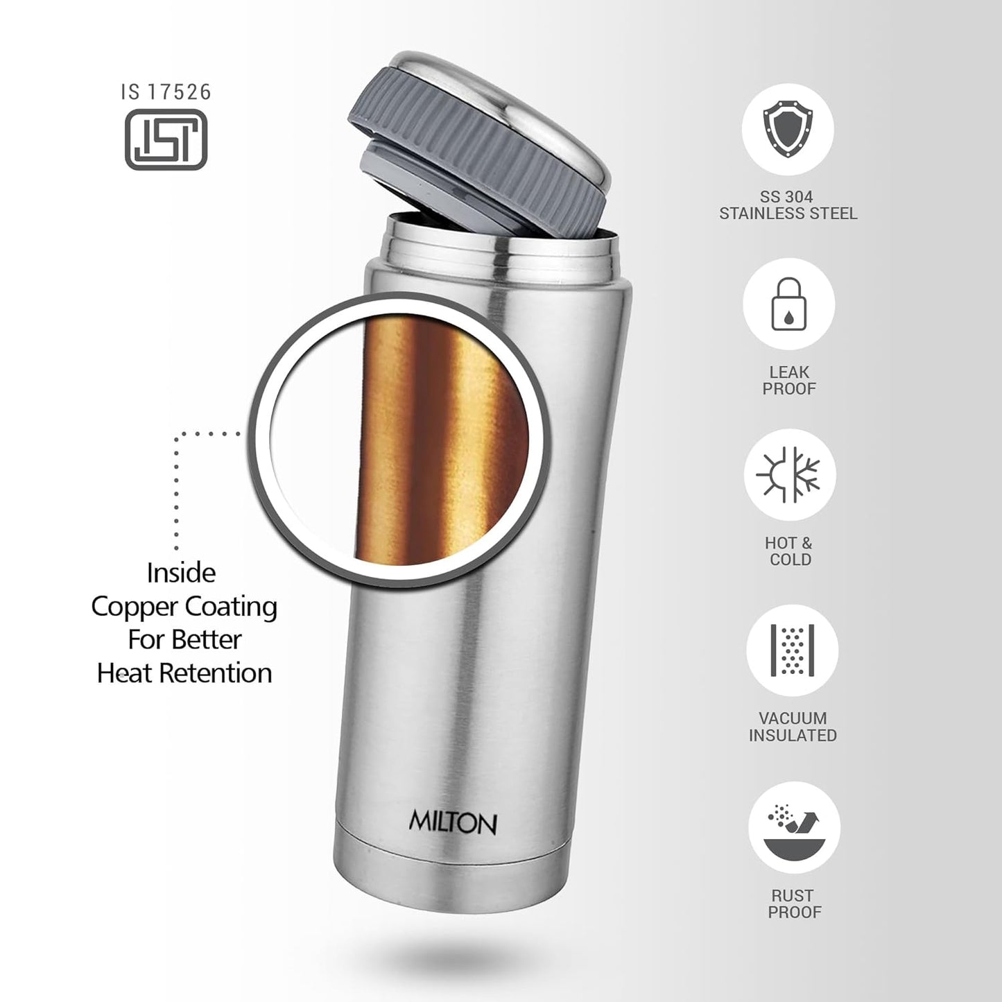 Milton Optima 500 Thermosteel Hot and Cold Flask, 460 ml, Silver | ISI Certified | Vacuum Insulated | Rust Proof | Leak Proof | Tea | Coffee | Juice