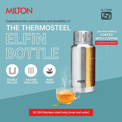 Milton Elfin 160 Thermosteel Water Bottle 160 ml, 24 Hr Hot and Cold I Leak Proof Lid, ISI Certified I Vacuum Insulated I for Office, Gym, School I Silver