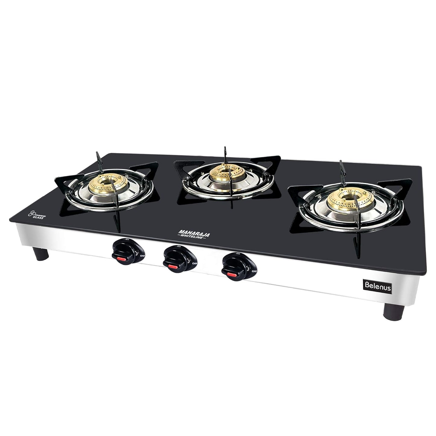 Maharaja Whiteline Belenus Toughened Glass 3 Burner Gas Stove, Black