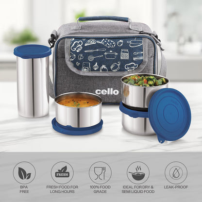 CELLO MF High Meal Combo Lunch Box Set with Bag, Blue | Set of 3 x 300ml Steel Containers + Steel Tumbler 510ml | Food Grade, Easy to Carry Air Tight Leak Proof Lunch Box Set Office, College, Travel