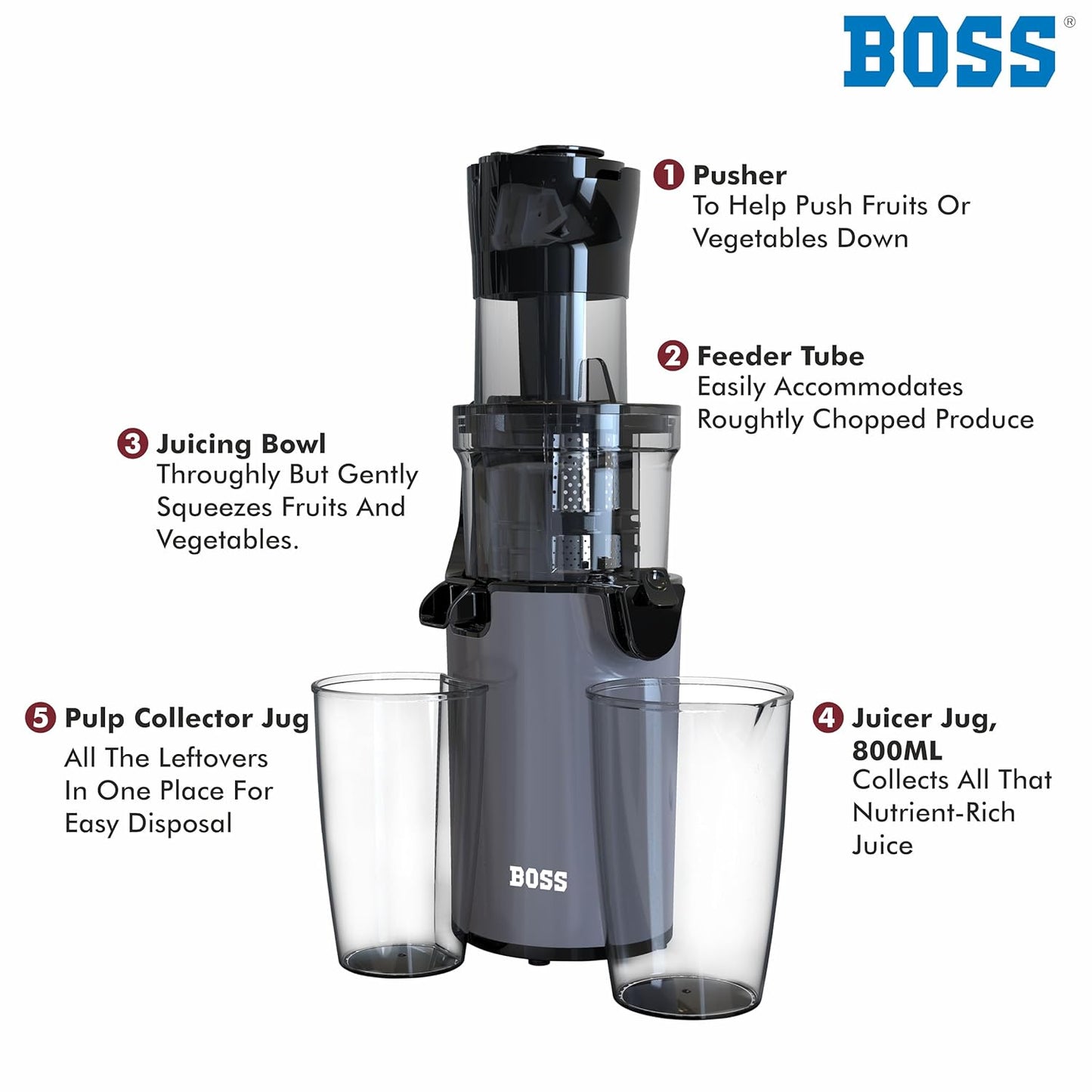 BOSS Fauna Slow Juicer, Professional Cold Press Whole Slow Juicer, 200 Watts | All-in-1 Fruit & Vegetable Juicer, Grey