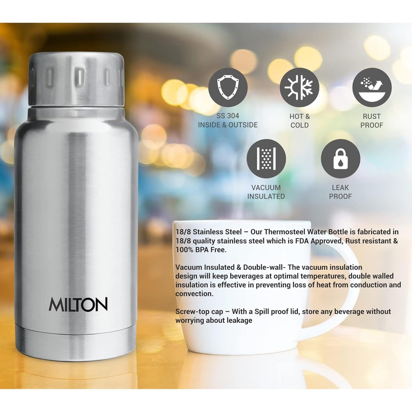 Milton Elfin 160 Thermosteel Water Bottle 160 ml, 24 Hr Hot and Cold I Leak Proof Lid, ISI Certified I Vacuum Insulated I for Office, Gym, School I Silver