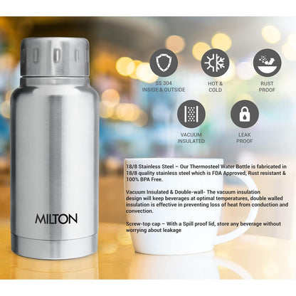 Milton Elfin 160 Thermosteel Water Bottle 160 ml, 24 Hr Hot and Cold I Leak Proof Lid, ISI Certified I Vacuum Insulated I for Office, Gym, School I Silver
