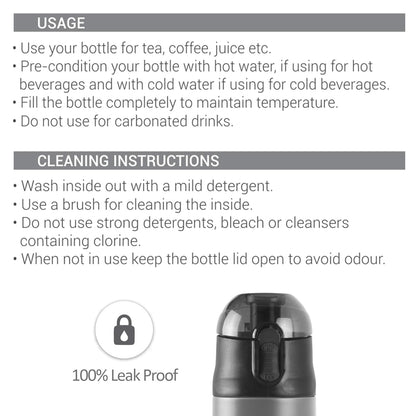 Milton New Crown 900 Thermosteel Water Bottle 750 ml with One Touch Safety Lock, 24 Hours Hot and Cold, Leak Proof Lid, ISI Certified I Vacuum Insulated I for Office, Gym, School I Green