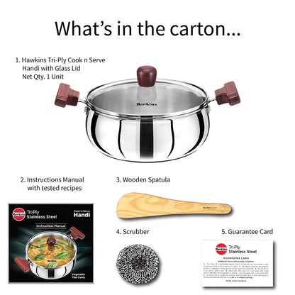 Hawkins 2 Litre Cook n Serve Handi, Triply Stainless Steel Handi with Glass Lid, Induction Sauce Pan, Biryani Handi, Saucepan, Silver (SSH20G)