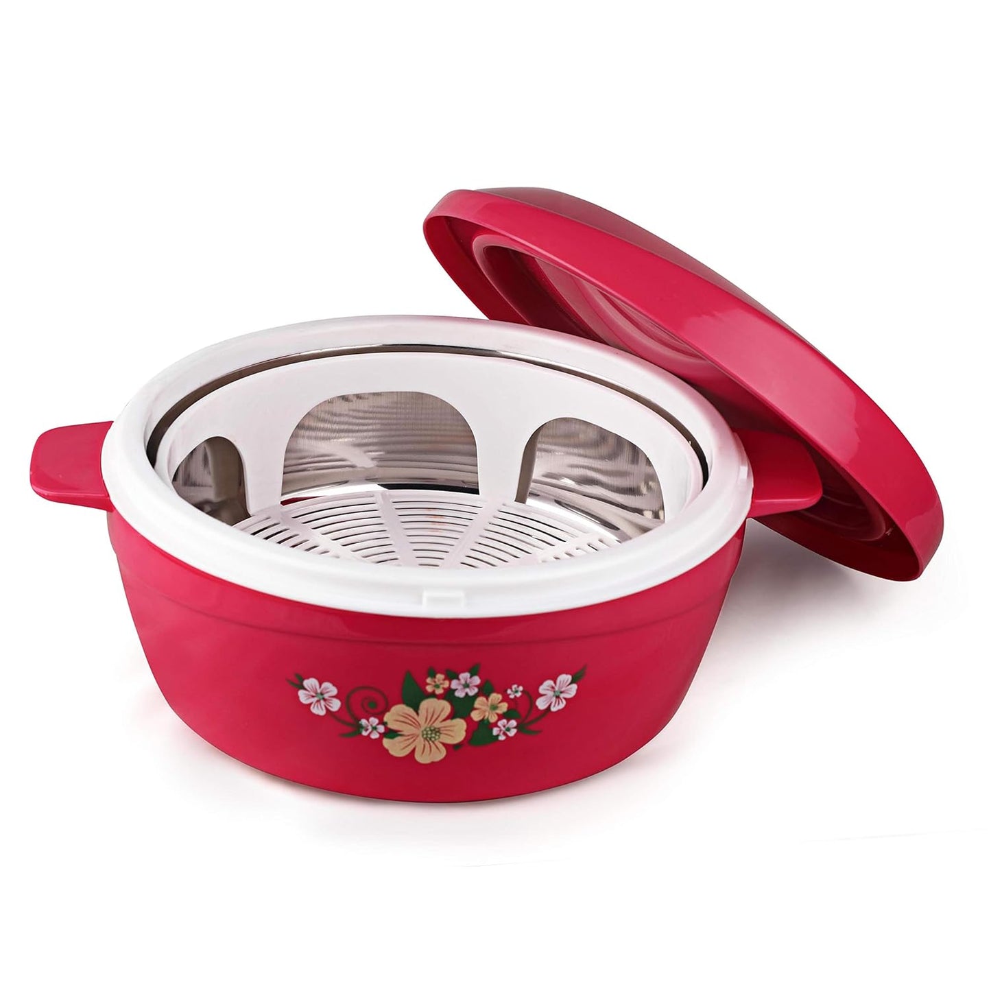 Cello Roti Plus Plastic Floral Casserole with Lid | Locks in the cold & heat for long | Casserole with drip tray | Easy grip lid to open and close | 1.5 L, Pink