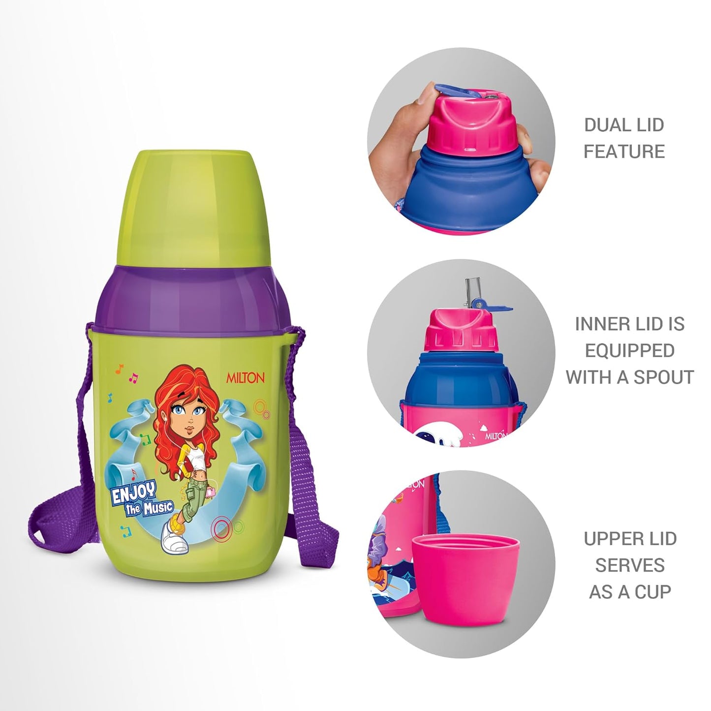 MILTON Kool Kid 450 Plastic Insulated Water Bottle with Belt & Straw, 430 ml, Green | PU Insulated | BPA Free | Easy to Carry | Leak Proof