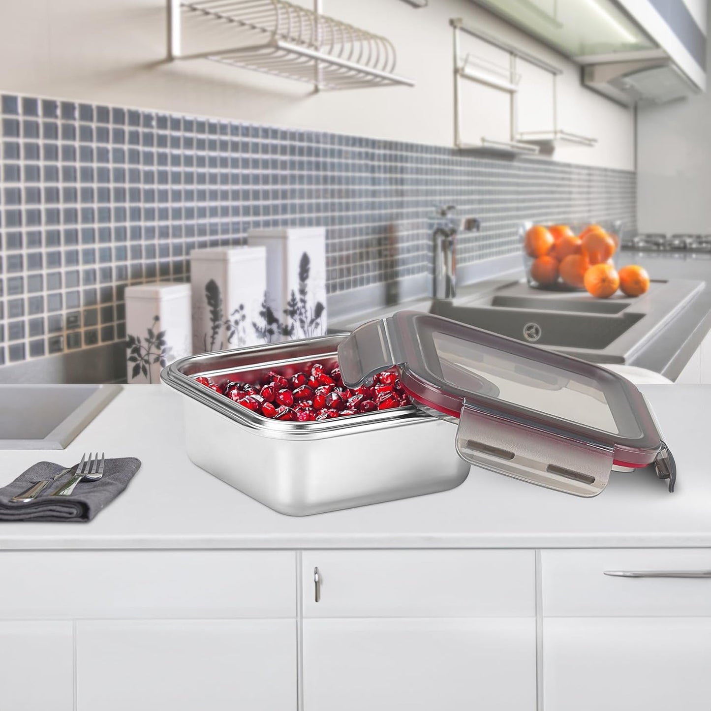 MILTON Modulo Steel Square 850 Container with lock lid|Airtight & Leakproof|Microwave & Oven safe| Light Weight | School, Office or Picnic use, 800 ml, Silver