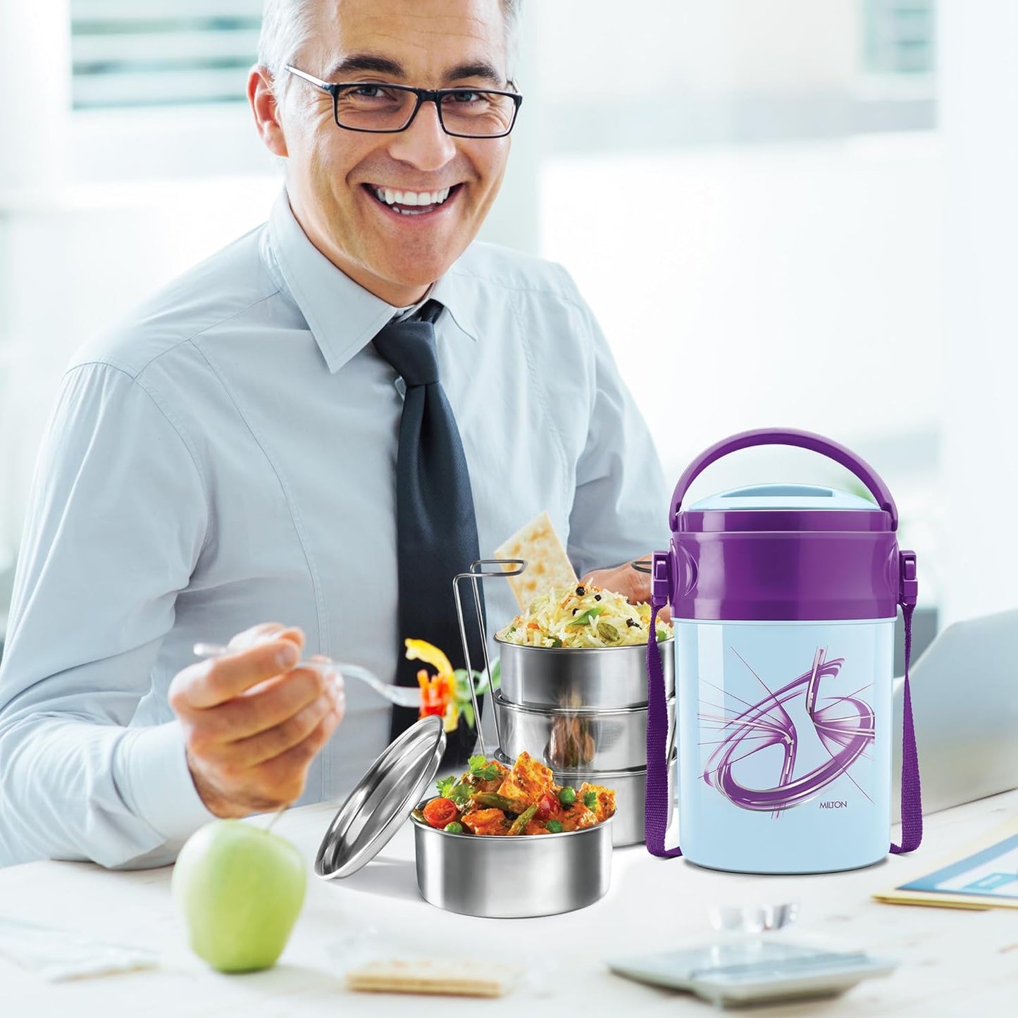MILTON Odyssey Insulated Tiffin, 4 Stainless Steel Containers, 380 ml Each and 1 Papad Box, 200 ml, Blue | PU Insulated | Food Grade | Easy to Carry | Hot & Cold | Office | Outdoors | Food Grade