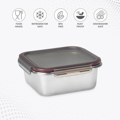 MILTON Modulo Steel Square 850 Container with lock lid|Airtight & Leakproof|Microwave & Oven safe| Light Weight | School, Office or Picnic use, 800 ml, Silver