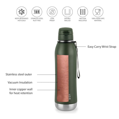 Cello Duro Ace Steel Vacuum Insulated Water Bottle 900ml, Green | Hot and Cold Thermal Flask with Screw Lid | Double Walled Scratch Resistant DTP Coating Flask Bottle