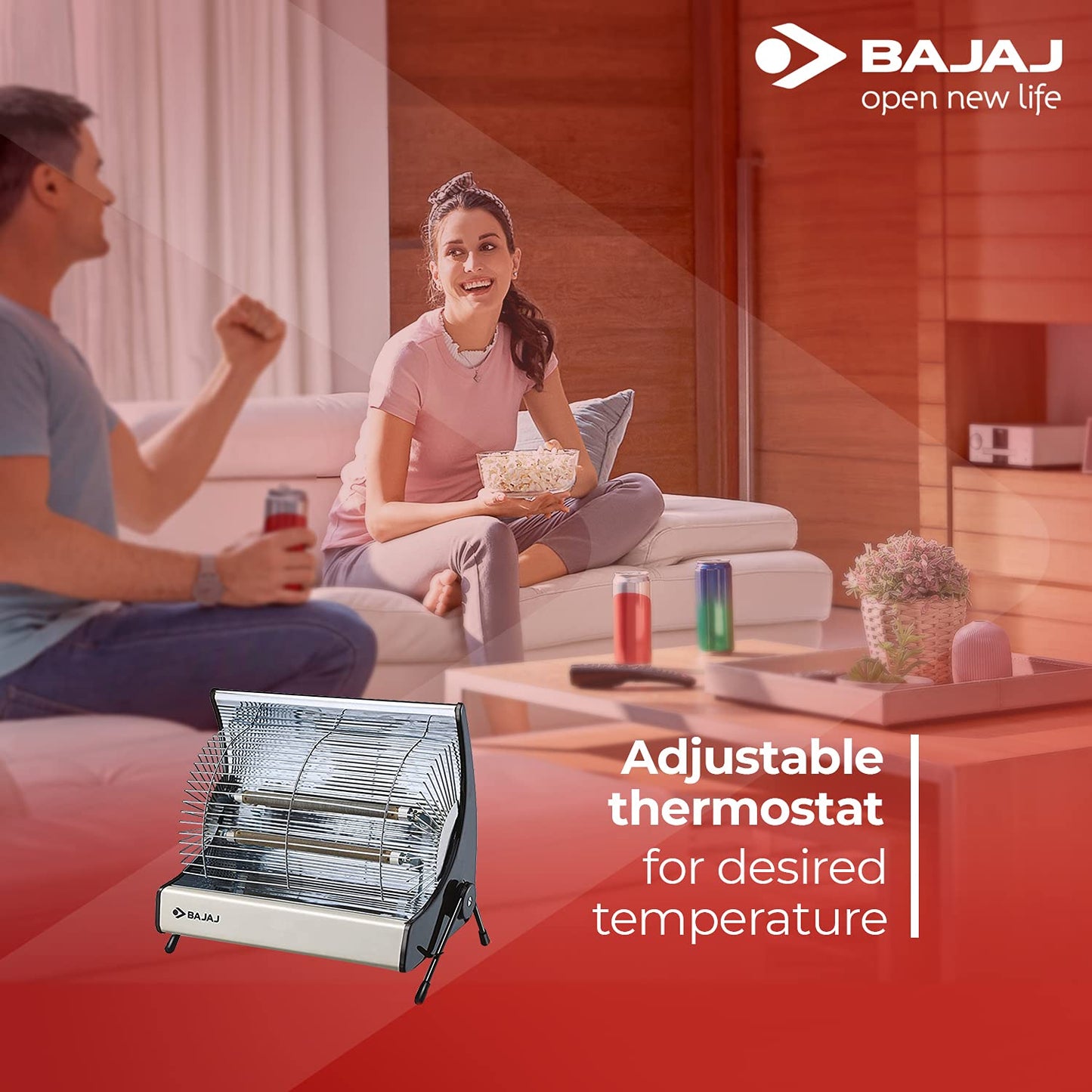 Bajaj Deluxe 2000 Watts Halogen Room Heater | ISI Approved | Adjustable Thermostat | 2 Heat Settings | 2 Yr Warranty