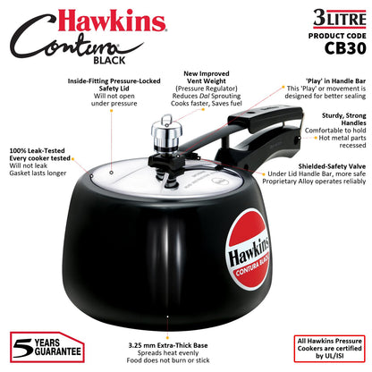 Hawkins 3 Litre Contura Black Pressure Cooker, Hard Anodised Inner Lid Cooker, Handi Cooker, Black (CB30)