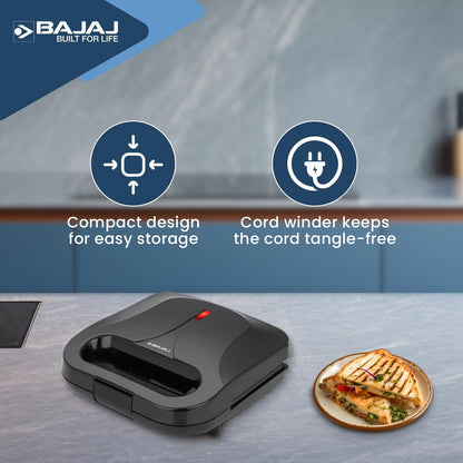 Bajaj SWX 6 800-Watt 2-Slice Sandwich Griller | Non-Stick Coated Plates for Easy-to-Clean | Upright Compact Storage | Buckle Clips Lock | 2 Years Warranty | Black