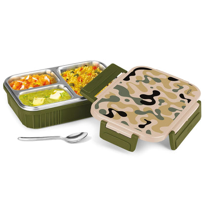 MILTON Fun Feast 3 inner Stainless Steel Tiffin Box, 700 ml, Military Green | 3 compartment Leak Proof Container | PU Insulated | BPA Free | Easy to Carry | Easy to Clean