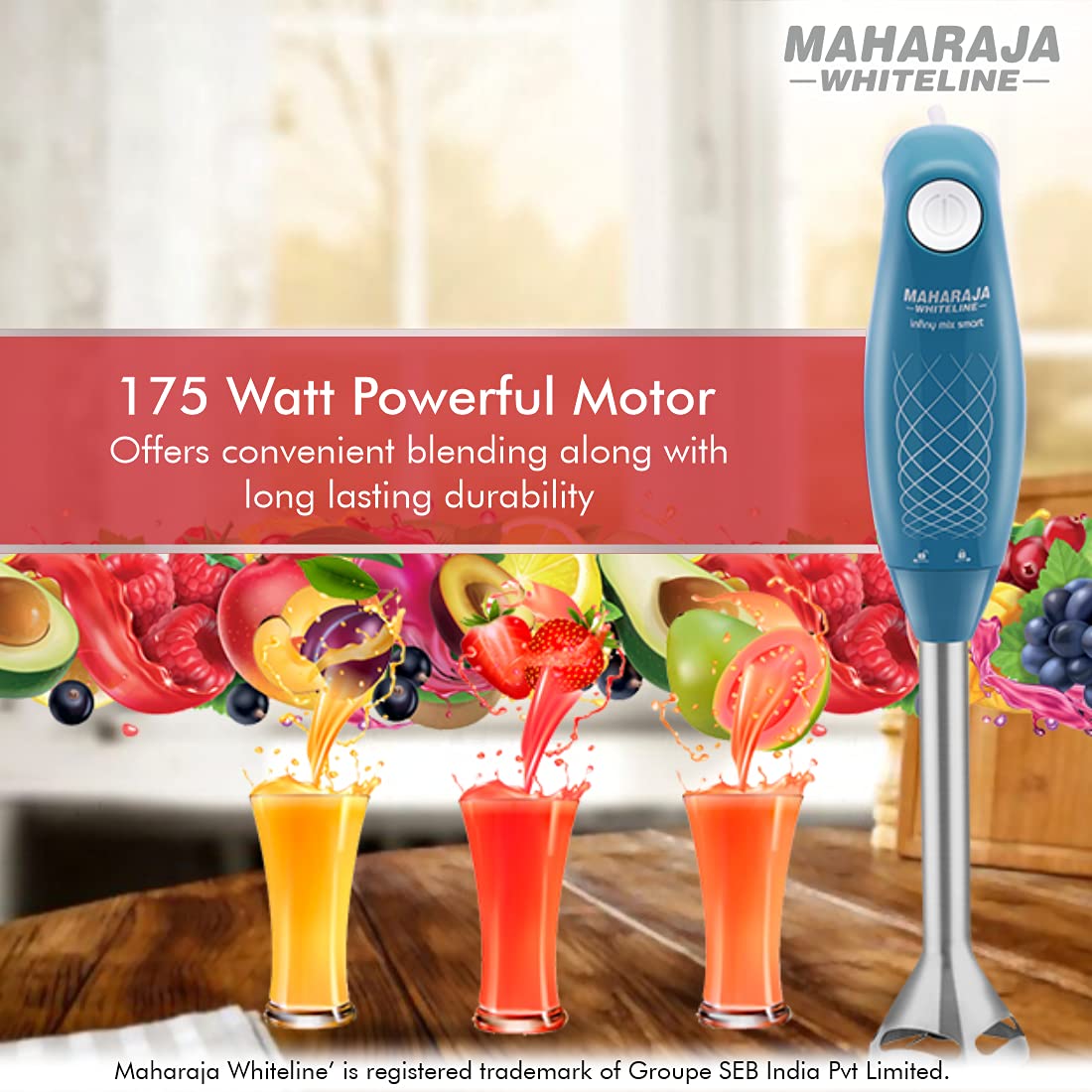 Maharaja Whiteline Infiny Mix Smart Hand Blender (175W), Turquoise Blue & White