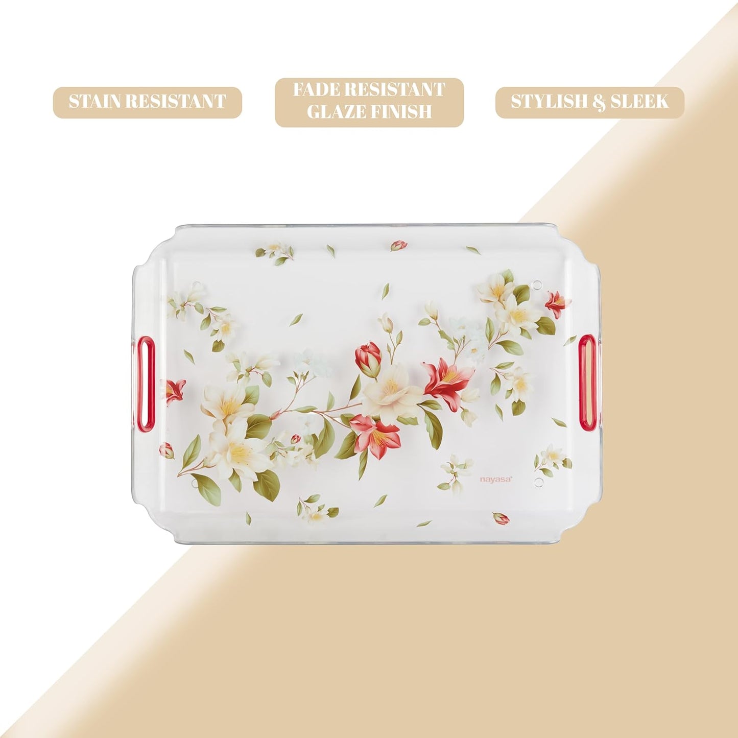 Nayasa Modern Plastic Rectangular Serving Tray Set of 3, Small, Medium & Large | Durable Multipurpose Kitchen Tray for Tea, Coffee, Snacks, Fruits & Desserts | Transparent Red