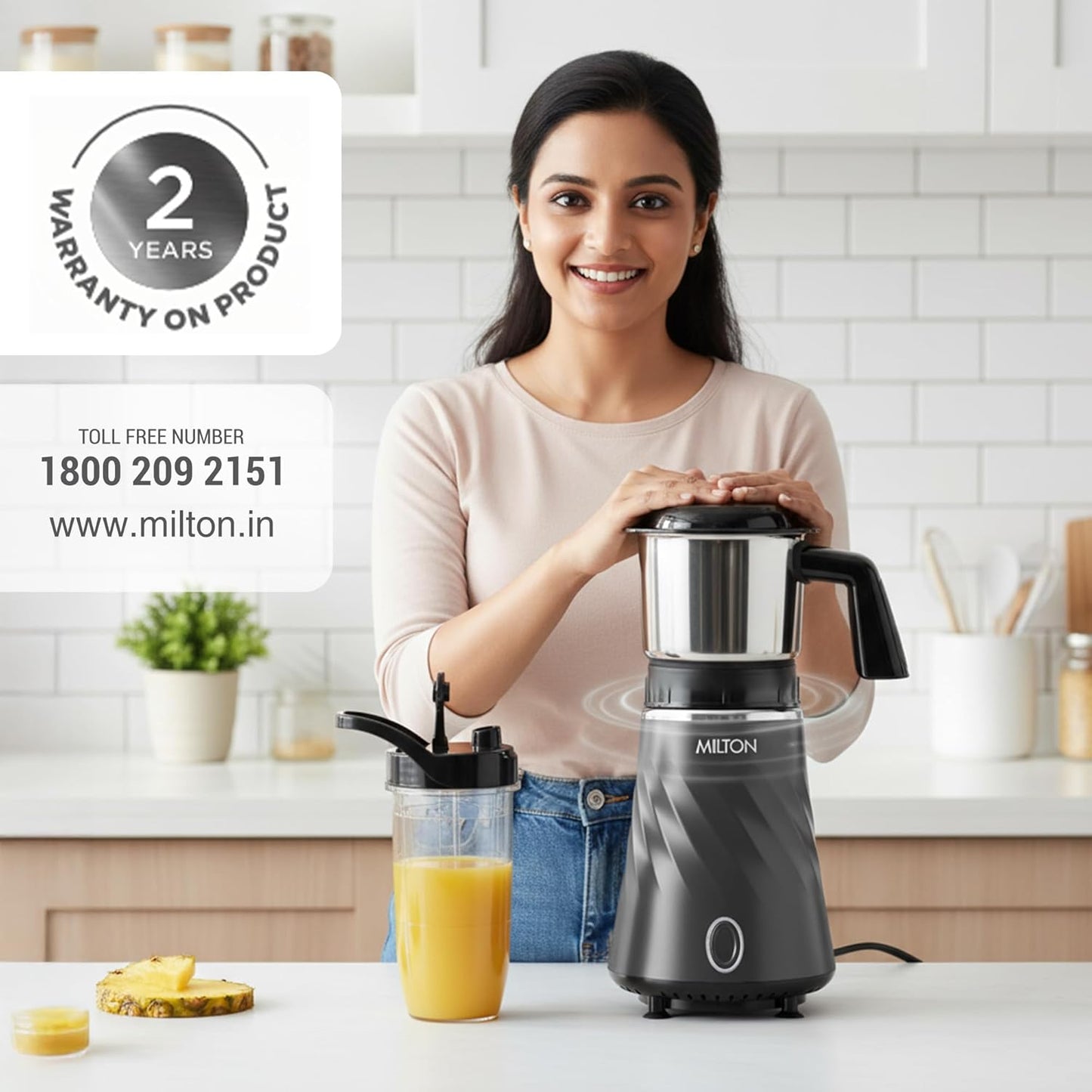 Milton Appliances Miniq Mini Mixer Grinder Blender Smoothie Maker, ISI Certified, Over Load Protector, HTLV 350W Motor, SS Jar,Rust Resistant, Anti Skid Feet,Masala Grinder,Chutney Blender, Black