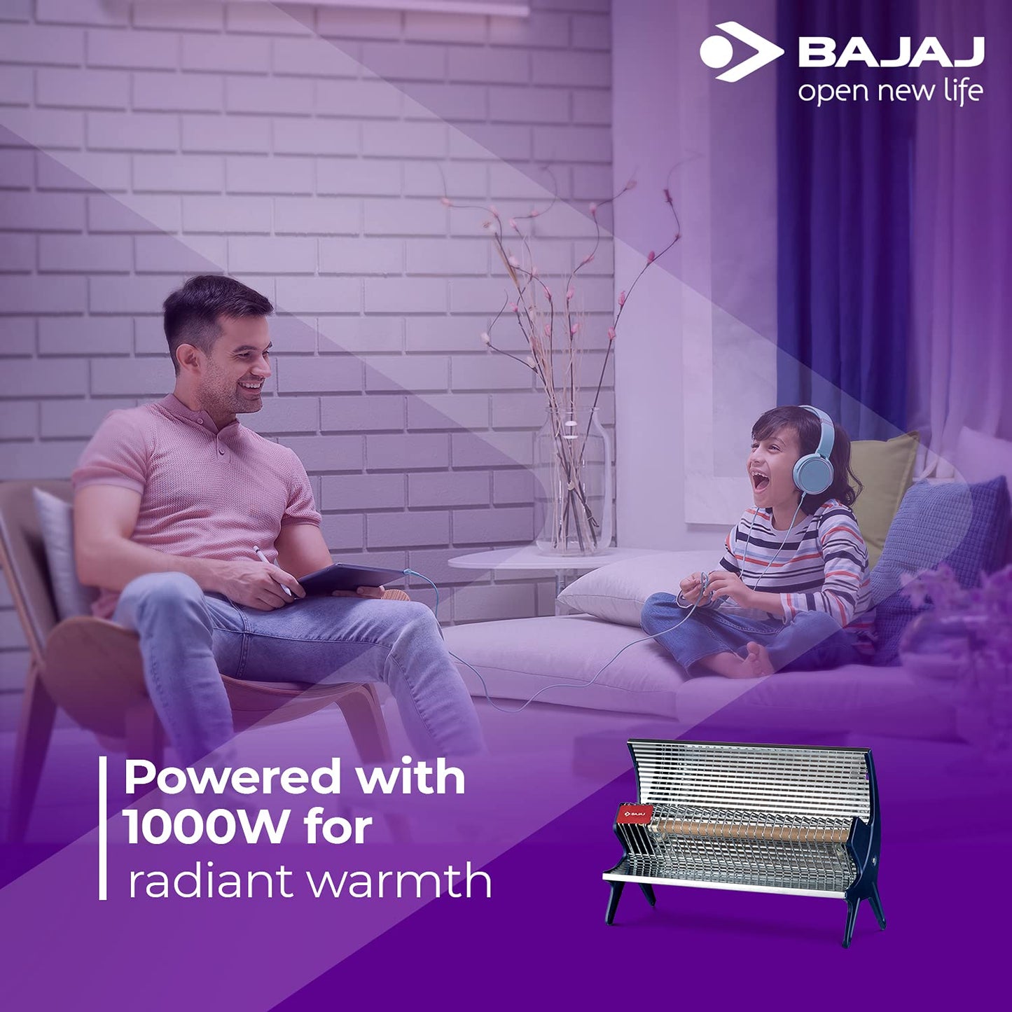 Bajaj Flashy Radiant Room Heater For Home|Stainless Steel Heat Reflector|Nickel Chrome Mesh|Adjustable Thermostat|1000 W Ceramic Heater For Winter|Electric Heater For Room|2-Yr Warranty By Bajaj|Black