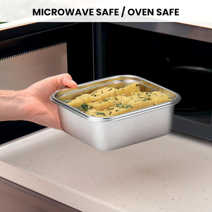 MILTON Modulo Steel Rectangular 650 Container with lock lid|Airtight & Leakproof|Microwave & Oven safe| Light Weight | School, Office or Picnic use, 650 ml, Silver