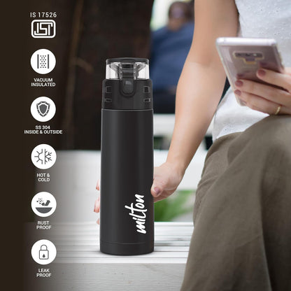 Milton Atlantis 400 Thermosteel Water Bottle 350 ml, 24 Hr Hot and Cold I Leak Proof Lid, ISI Certified I Vacuum Insulated I for Office, Gym, School I Black