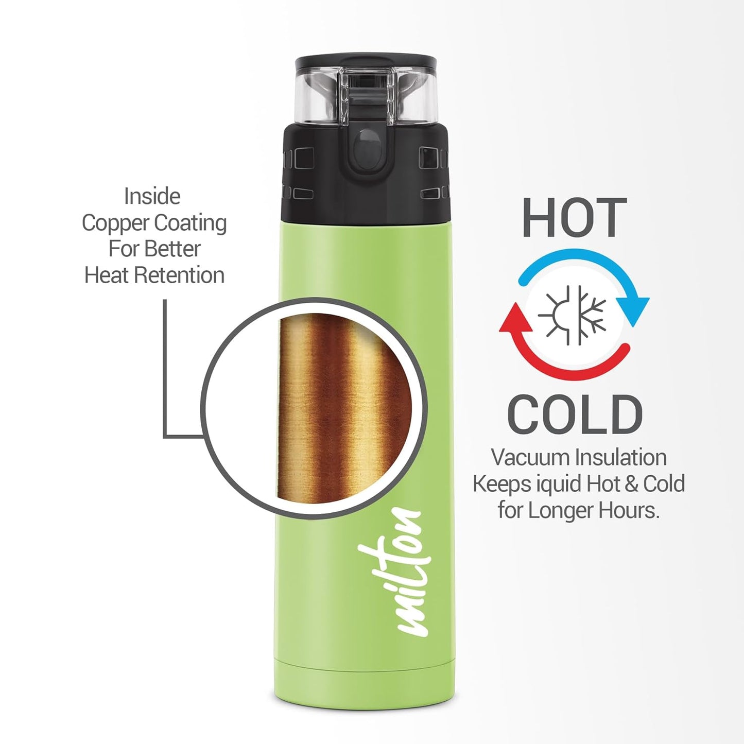 Milton Atlantis 600 Thermosteel Water Bottle 500 ml, 24 Hr Hot and Cold I Leak Proof Lid, ISI Certified I Vacuum Insulated I for Office, Gym, School I Green